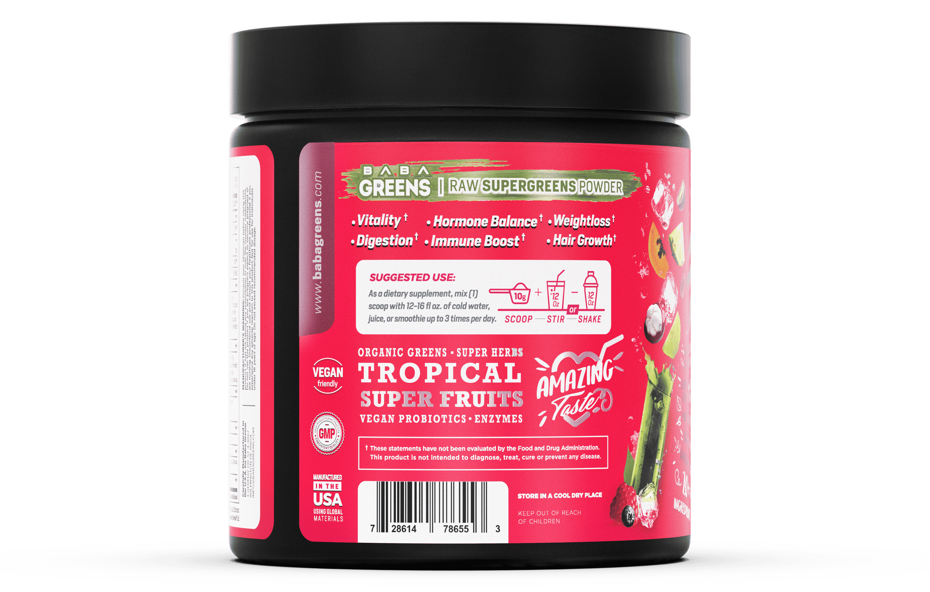 Baba Greens  sweet berry flavor Supplement container with a red label
